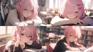 a person reading a book at the desk, ultra realistic, cinematic, 35mm lens, pale pink hair and bright pink eyes, shorthair, traditional school uniform, pretty girl, shot over sholder, plain white background, 8k --niji 5 --ar 16:9 --seed 3028242991