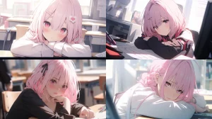 2 various poses and angles,styuding at the desk, ultra realistic, cinematic, 35mm lens, pale pink hair and bright pink eyes, shorthair, traditional school uniform, pretty girl, shot over sholder, plain white background, 8k --niji 5 --ar 16:9 --seed 2691248504