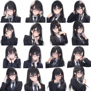 Ultra-realistic and cinematic photos of a beautiful Japanese high school girl with long black hair and round glasses. Captured with a 35mm lens in various poses and angles, she exudes a gentle and intelligent demeanor in a classic black high school uniform. Each shot is taken over the shoulder against a plain white background in 8K resolution.