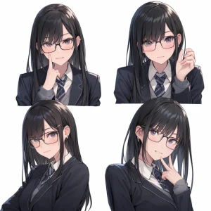 Ultra-realistic and cinematic photos of a beautiful Japanese high school girl with long black hair and round glasses. Captured with a 35mm lens in various poses and angles, she exudes a gentle and intelligent demeanor in a classic black high school uniform. Each shot is taken over the shoulder against a plain white background in 8K resolution.