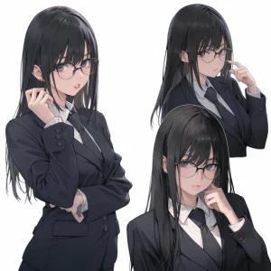 Ultra-realistic and cinematic photos of a beautiful Japanese high school girl with long black hair and round glasses. Captured with a 35mm lens in various poses and angles, she exudes a gentle and intelligent demeanor in a classic black high school uniform. Each shot is taken over the shoulder against a plain white background in 8K resolution.