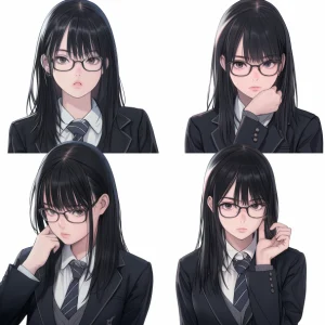 Ultra-realistic and cinematic photos of a beautiful Japanese high school girl with long black hair and round glasses. Captured with a 35mm lens in various poses and angles, she exudes a gentle and intelligent demeanor in a classic black high school uniform. Each shot is taken over the shoulder against a plain white background in 8K resolution.