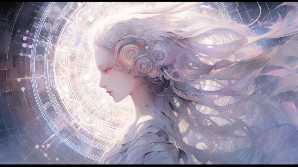 "A Japanese anime-style beautiful girl with prominently featured Fibonacci lines. The Fibonacci lines are more pronounced and integral to the composition, shaping the environment around her and being a major element in her design. The lines are visualized as glowing paths that define the structure of her hair, clothing, and the scene around her, emphasizing the mathematical beauty. The girl maintains the classic anime look with large eyes and a graceful posture, but the Fibonacci lines add an extra layer of mystical or futuristic appeal.", 8k --niji 5 --ar 16:9