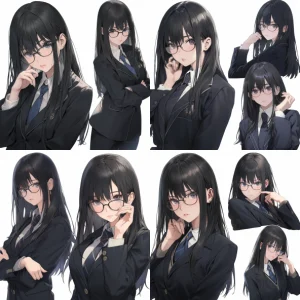 Ultra-realistic and cinematic photos of a beautiful Japanese high school girl with long black hair and round glasses. Captured with a 35mm lens in various poses and angles, she exudes a gentle and intelligent demeanor in a classic black high school uniform. Each shot is taken over the shoulder against a plain white background in 8K resolution.