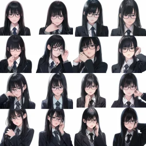 Ultra-realistic and cinematic photos of a beautiful Japanese high school girl with long black hair and round glasses. Captured with a 35mm lens in various poses and angles, she exudes a gentle and intelligent demeanor in a classic black high school uniform. Each shot is taken over the shoulder against a plain white background in 8K resolution.