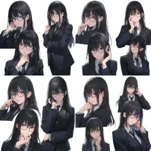 Ultra-realistic and cinematic photos of a beautiful Japanese high school girl with long black hair and round glasses. Captured with a 35mm lens in various poses and angles, she exudes a gentle and intelligent demeanor in a classic black high school uniform. Each shot is taken over the shoulder against a plain white background in 8K resolution.