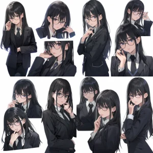 Ultra-realistic and cinematic photos of a beautiful Japanese high school girl with long black hair and round glasses. Captured with a 35mm lens in various poses and angles, she exudes a gentle and intelligent demeanor in a classic black high school uniform. Each shot is taken over the shoulder against a plain white background in 8K resolution.