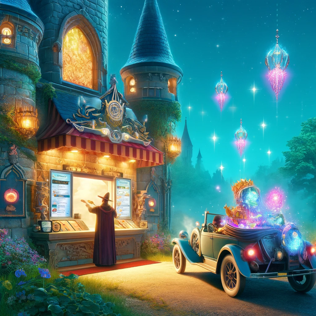 Create an image depicting a drivethru scene set in a magical kingdom The setting includes a whimsical drivethru restaurant designed like a castle The restaurant is adorned with towers magical symbols and glowing stones A driver in a fantasystyle vehicle resembling a carriage with mechanical elements is ordering food from a drivethru window The cashier dressed like a wizard with a robe and hat serves food that sparkles with magical effects The background is lush with enchanted trees and floating lanterns creating a mystical and vibrant atmosphere