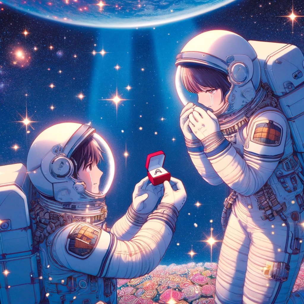 A romantic animestyle illustration depicting a couple in space suits in outer space The scene captures a special moment as one astronaut proposes to the other with a ring set against a backdrop of countless stars The couple is selecting their own star while the proposer says With you I can go anywhere Tears form into beads in the zerogravity environment adding a unique emotional expression to the scene The art style is vibrant and detailed typical of Japanese anime