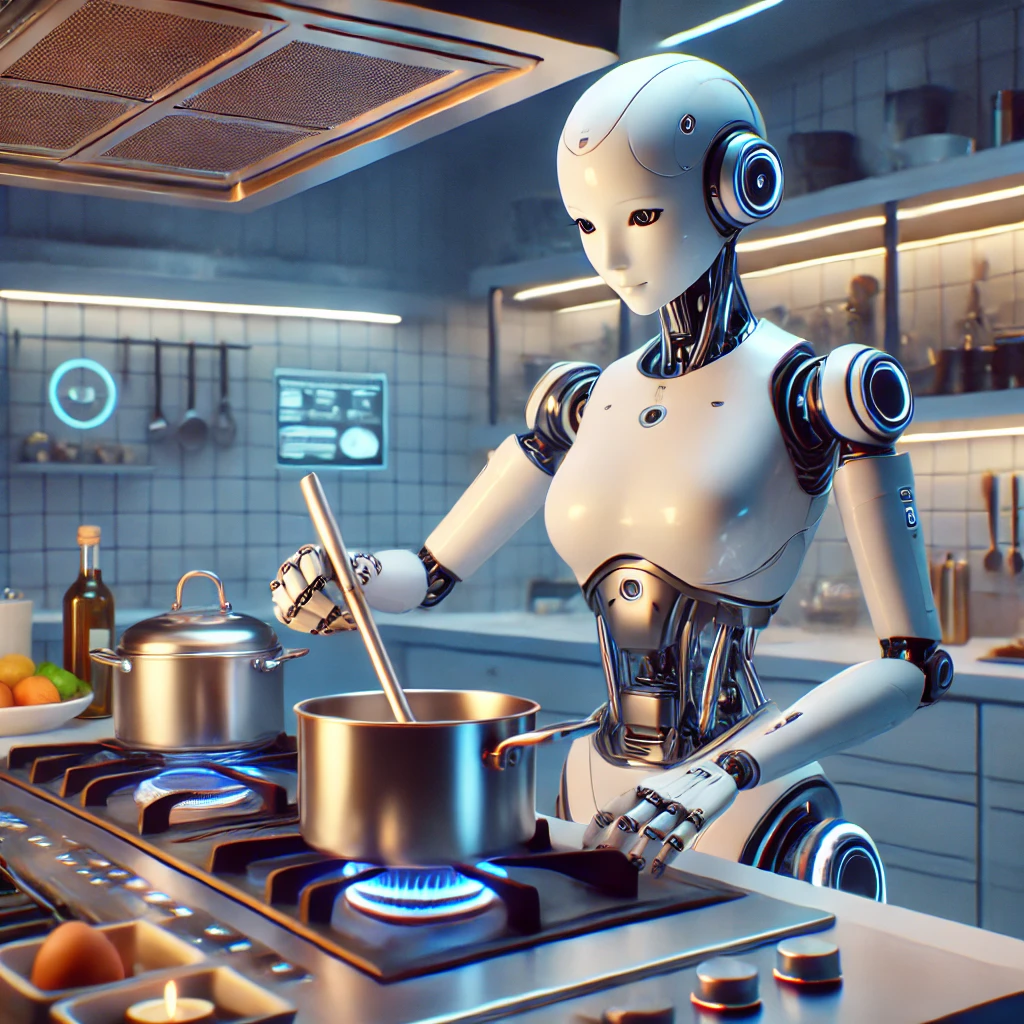 A futuristic anime-style kitchen scene with a sleek, friendly robot cooking a meal. The robot, with a humanoid design and smooth metallic surface, is carefully stirring a pot on a modern stove. The kitchen is equipped with advanced appliances and has a clean, high-tech look, but the overall atmosphere is warm and inviting. The robot's face displays a friendly expression with a digital smile, and its movements are precise and gentle. The setting includes various cooking utensils and ingredients neatly arranged, with soft lighting creating a cozy yet futuristic ambiance.