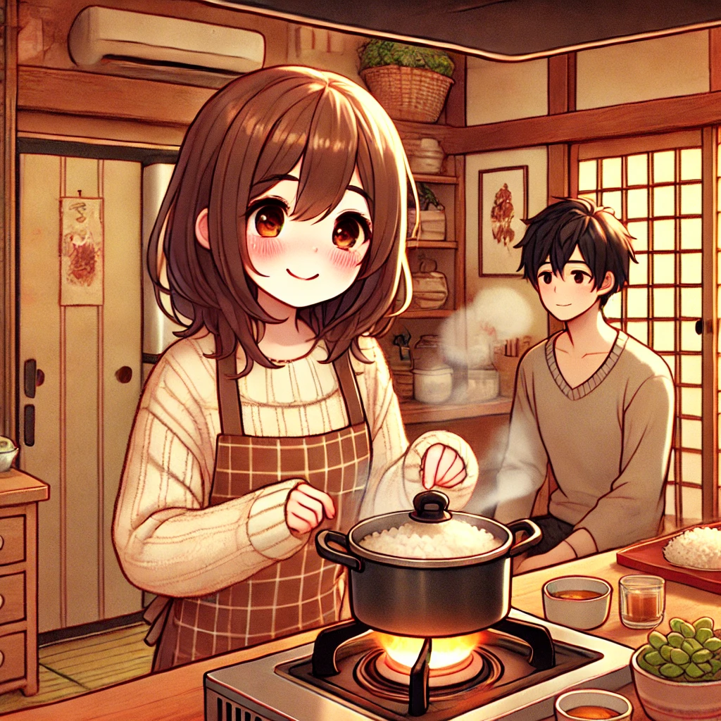 A cute anime-style scene featuring a young woman cooking a meal in a cozy Japanese kitchen for her boyfriend. The woman, with a warm smile and blushing cheeks, is carefully preparing food at the stove, with steam rising from a pot. The kitchen is filled with traditional Japanese elements like sliding doors, wooden cabinets, and potted plants, creating a homely atmosphere. Her boyfriend is sitting at the kitchen table, watching her with a gentle smile, clearly appreciating her effort. The scene is filled with warm colors and soft lighting, emphasizing the affectionate and caring mood.