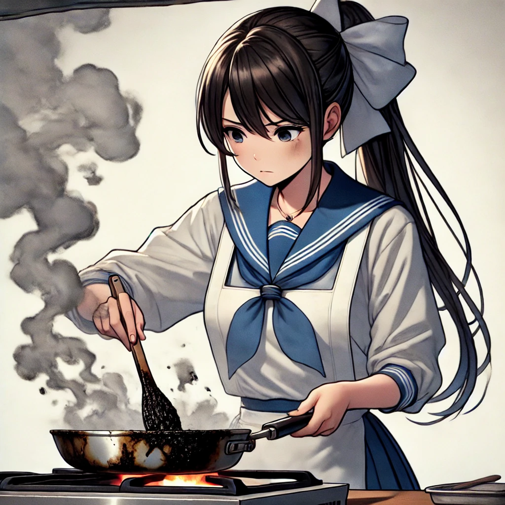 A Japanese high school girl, depicted in a classic anime style, seriously cooking in a kitchen. The background is plain white to keep the focus on the character. The girl, with long, dark hair tied in a ponytail and wearing a traditional Japanese school uniform with a white blouse, blue skirt, and apron, is concentrating hard on her cooking. However, the dish she is preparing is extremely burnt, with black char all over it and smoke rising heavily, making it clear that it is inedible. Her expression remains serious and focused, unaware of the state of the food she is making.