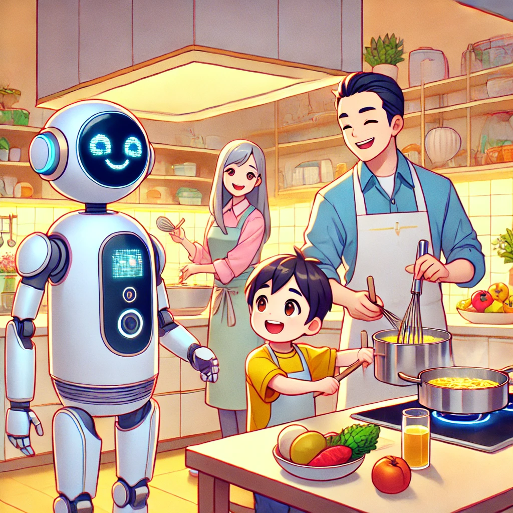 A bright and cheerful anime-style kitchen scene in a futuristic Japanese home. In the background, a sleek, friendly robot is cooking a perfect meal with advanced technology. In the foreground, a family of three (a mother, father, and child) are happily cooking together, their expressions full of warmth and joy. The kitchen is modern with clean lines, but the atmosphere is cozy and filled with soft, warm colors. The mother is guiding the child in stirring a pot, while the father is chopping vegetables. The scene conveys a sense of connection, love, and the blending of technology with human warmth. The characters are drawn in a cute, classic anime style, with large expressive eyes and playful expressions.